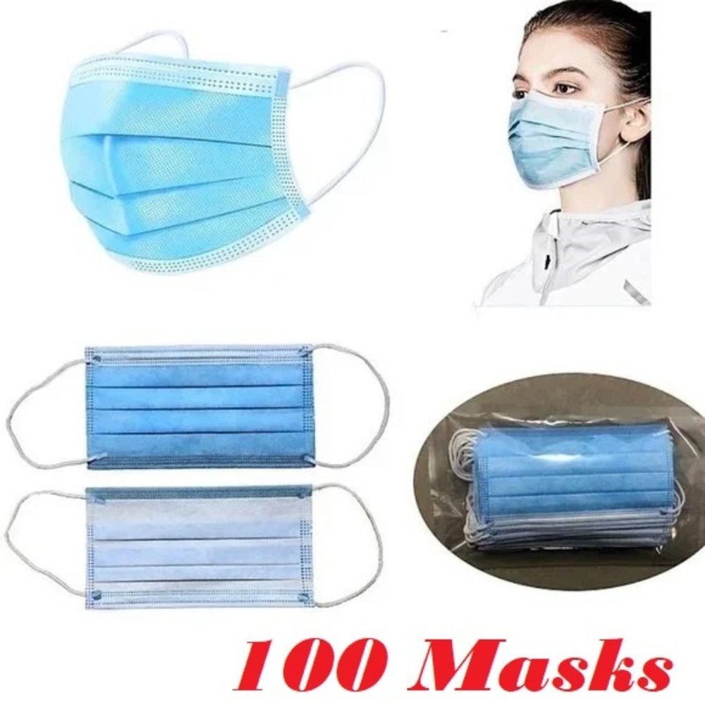 100 Disposable Face Masks Earloop 3 Layer Men Women Blue and White